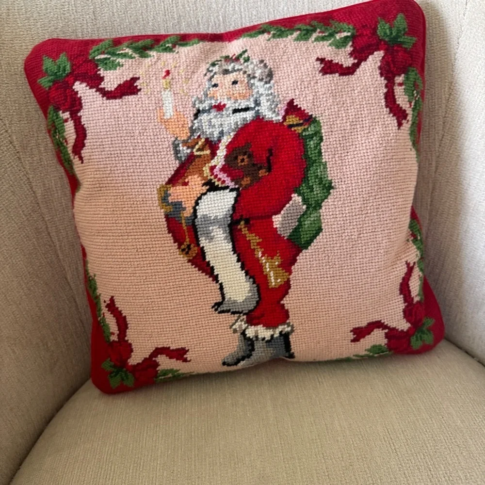Handmade Needlepoint pillow santa claus St. Nick christmas velvet square bows